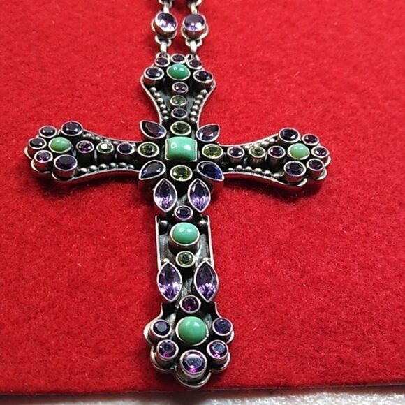 Vintage Faceted Amethyst Garnet Peridot Sterling Silver Cross/Chain & Turquoise - Picture 1 of 12